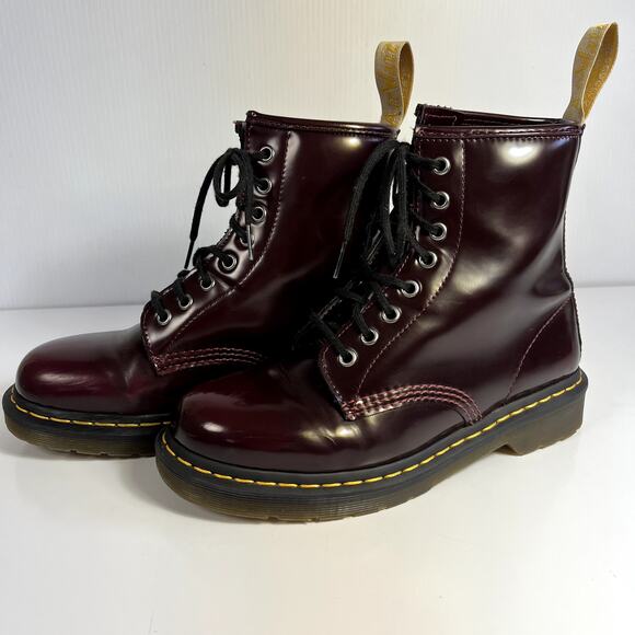 Dr. Martens Size 8 1460 Cherry Red Lace Up Combat Boots Vegan Patent Leather - Picture 1 of 14